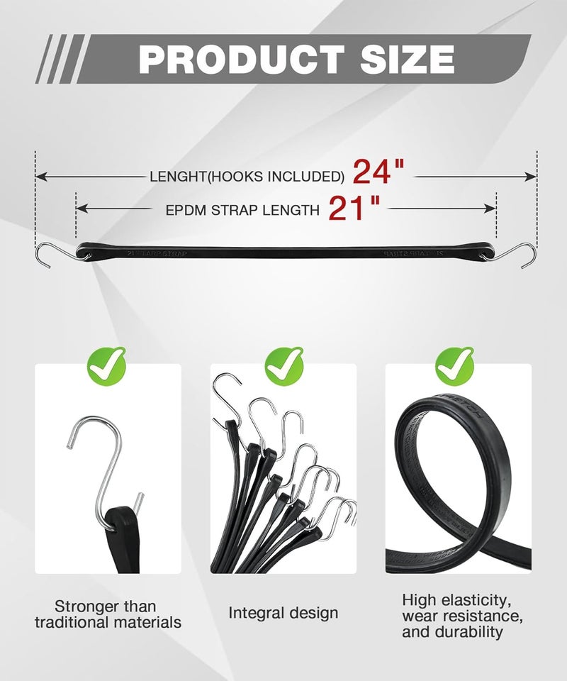 Digank Bungee Cords Heavy Duty Outdoor 21", 10 Pack Rubber Bungee Straps with Metal S Hooks, EPDM Tarp Straps for Cargo, Canopy, All-Weather Use, 180 lbs Load - Image 3